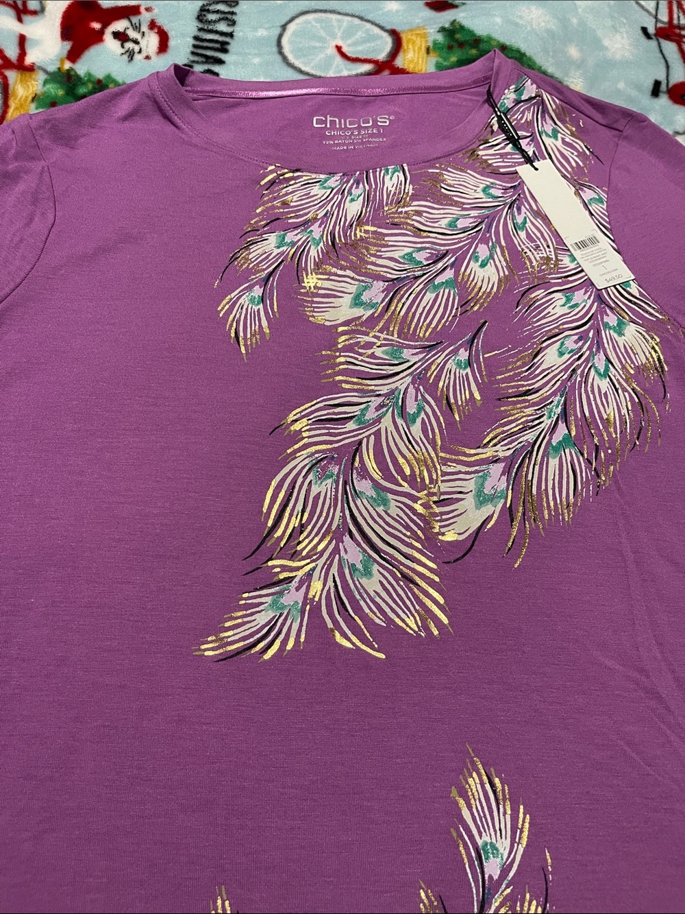 Chico's Purple Short-Sleeve Top with Metallic Feather Motif